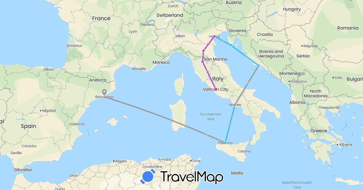 TravelMap itinerary: driving, plane, train, boat in Spain, Croatia, Italy (Europe)